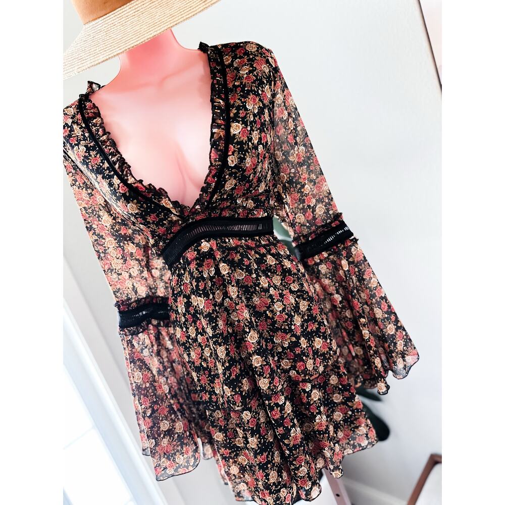 When Festivals Meet Falling Leaves boho floral floaty plunging mini dress - Picture 5 of 5